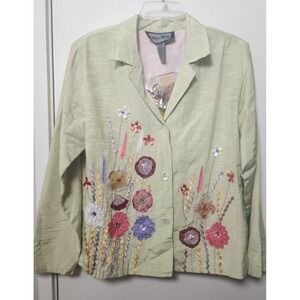 Indigo Moon Pastel Green Blazer Jacket Floral Applique Embellished Lined Lrg NWT